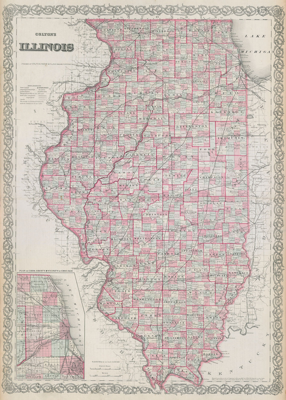 Colton's Illinois. Decorative antique US state map 1869 old chart